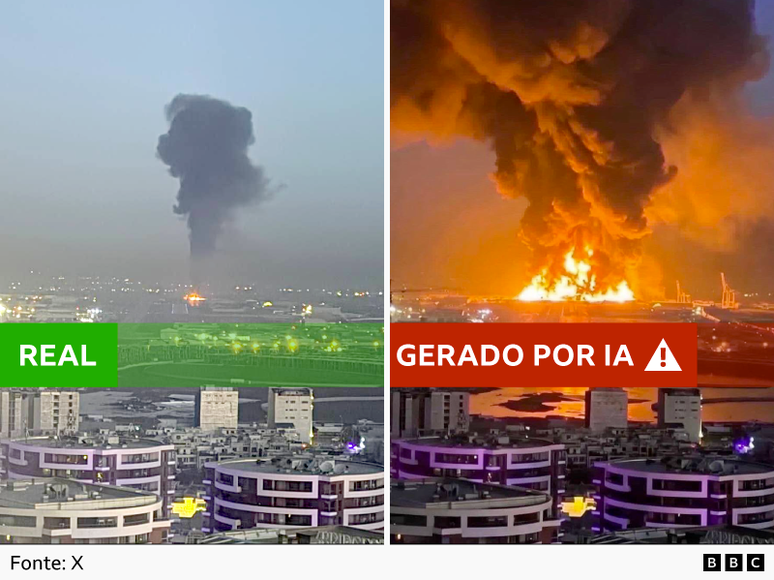 ఇరాక్‌లోని యుఎస్ స్థావరం వద్ద జరిగిన పెద్ద పేలుడు యొక్క నకిలీ చిత్రం చాలా చిన్న పొగను చూపించే నిజమైన ఫోటో నుండి AIతో మార్చబడింది