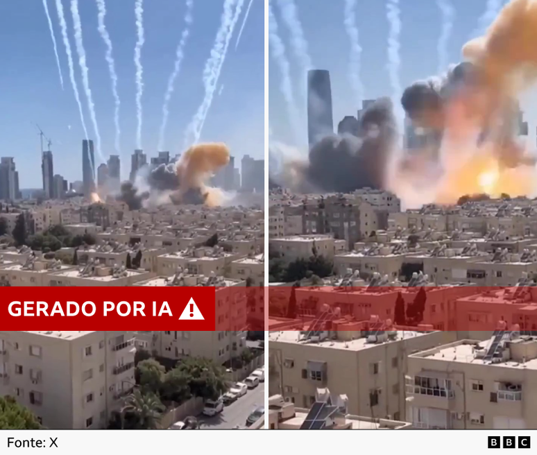 రెడ్ లేబుల్ “AI-జెనరేటెడ్”తో AI రూపొందించిన వీడియో యొక్క రెండు స్క్రీన్‌షాట్‌లు