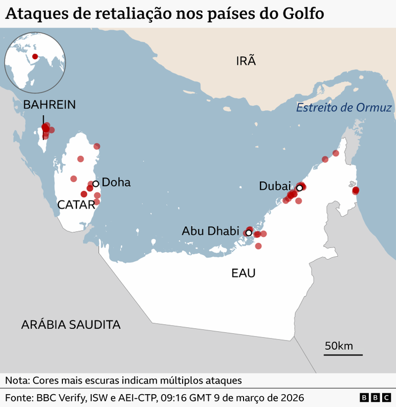 Ataques relatados em pa&iacute;ses do Golfo