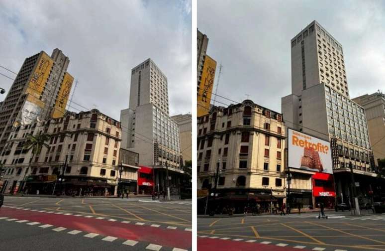 Projeção compara como ficará a esquina das avenidas Ipiranga e São João com instalação de painel de 400 m² no local.