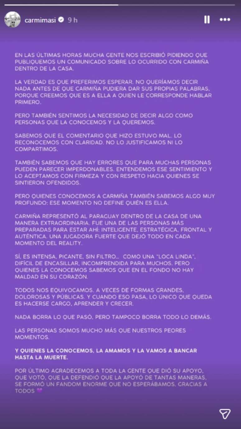 Comunicado divulgado pela equipe de Carmi&ntilde;a Masi comentou a repercuss&atilde;o do epis&oacute;dio