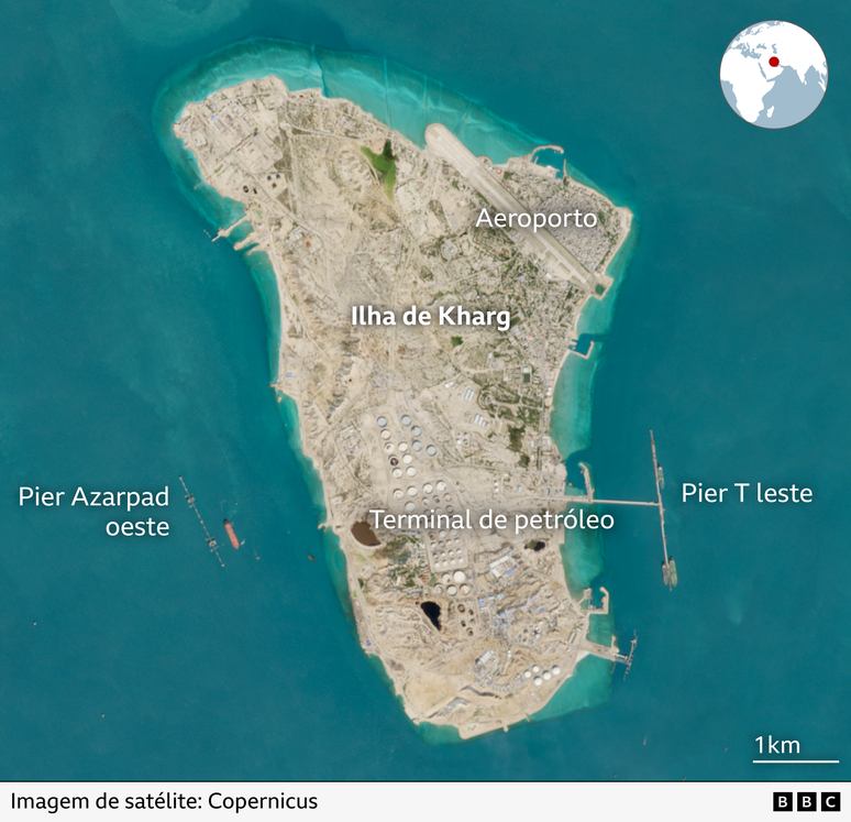 Mapa do Oriente M&eacute;dio mostra Ir&atilde;, Kuwait, Ar&aacute;bia Saudita e Bahrain, com destaque para a ilha de Kharg.