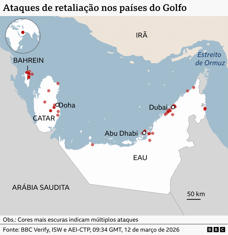 Mapa do Golfo P&eacute;rsico mostrando ataques retaliat&oacute;rios registrados at&eacute; 12 de mar&ccedil;o de 2026