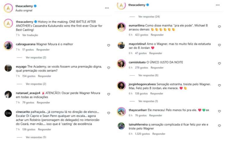 Coment&aacute;rios de brasileiros se concentraram no perfil ap&oacute;s as derrotas de 'O Agente Secreto' no Oscar 2026