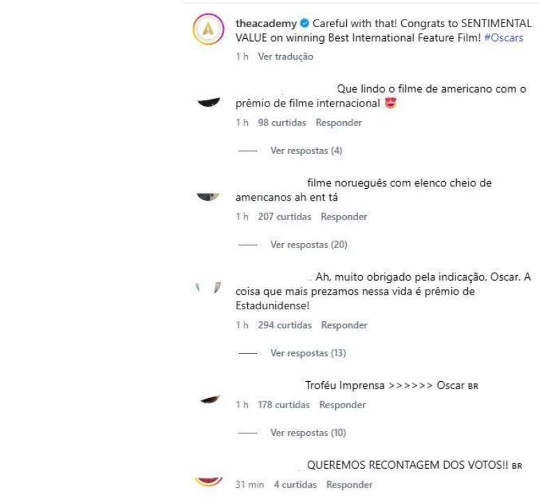 Brasileiros invadiram o perfil da Academia com coment&aacute;rios ap&oacute;s resultado do Oscar