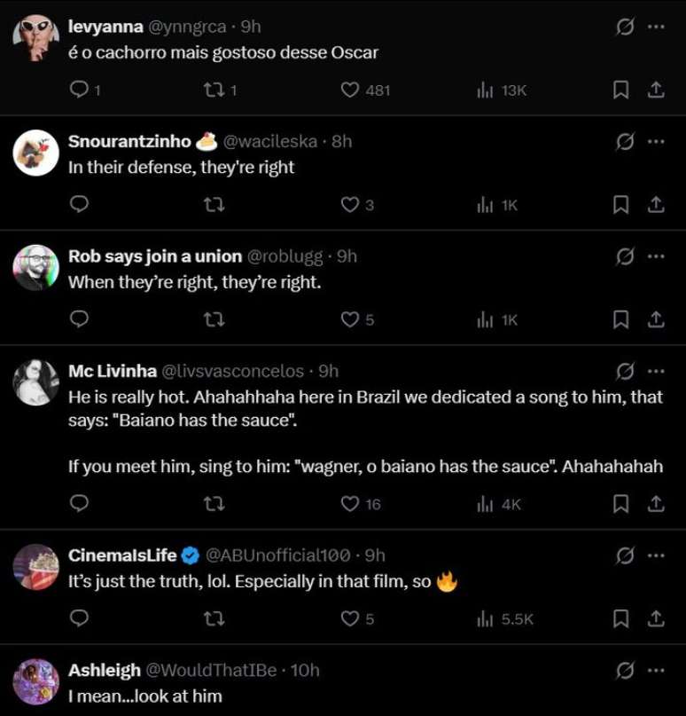 Internautas reagiram &agrave; publica&ccedil;&atilde;o do jornalista com elogios e brincadeiras sobre a presen&ccedil;a de Wagner Moura no Oscar 2026