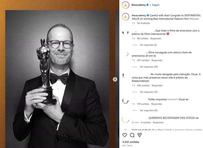 ஆஸ்கார் முடிவுகளுக்குப் பிறகு பிரேசிலியர்கள் கருத்துகளுடன் அகாடமியின் சுயவிவரத்தை ஆக்கிரமித்தனர்
