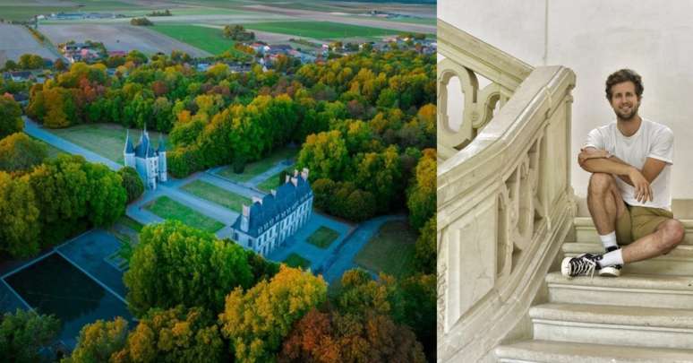 Vis&atilde;o &aacute;rea do Ch&acirc;teau de Dampierre, em uma pequena vila do interior da Fran&ccedil;a, e seu dono numa escadaria restaurada