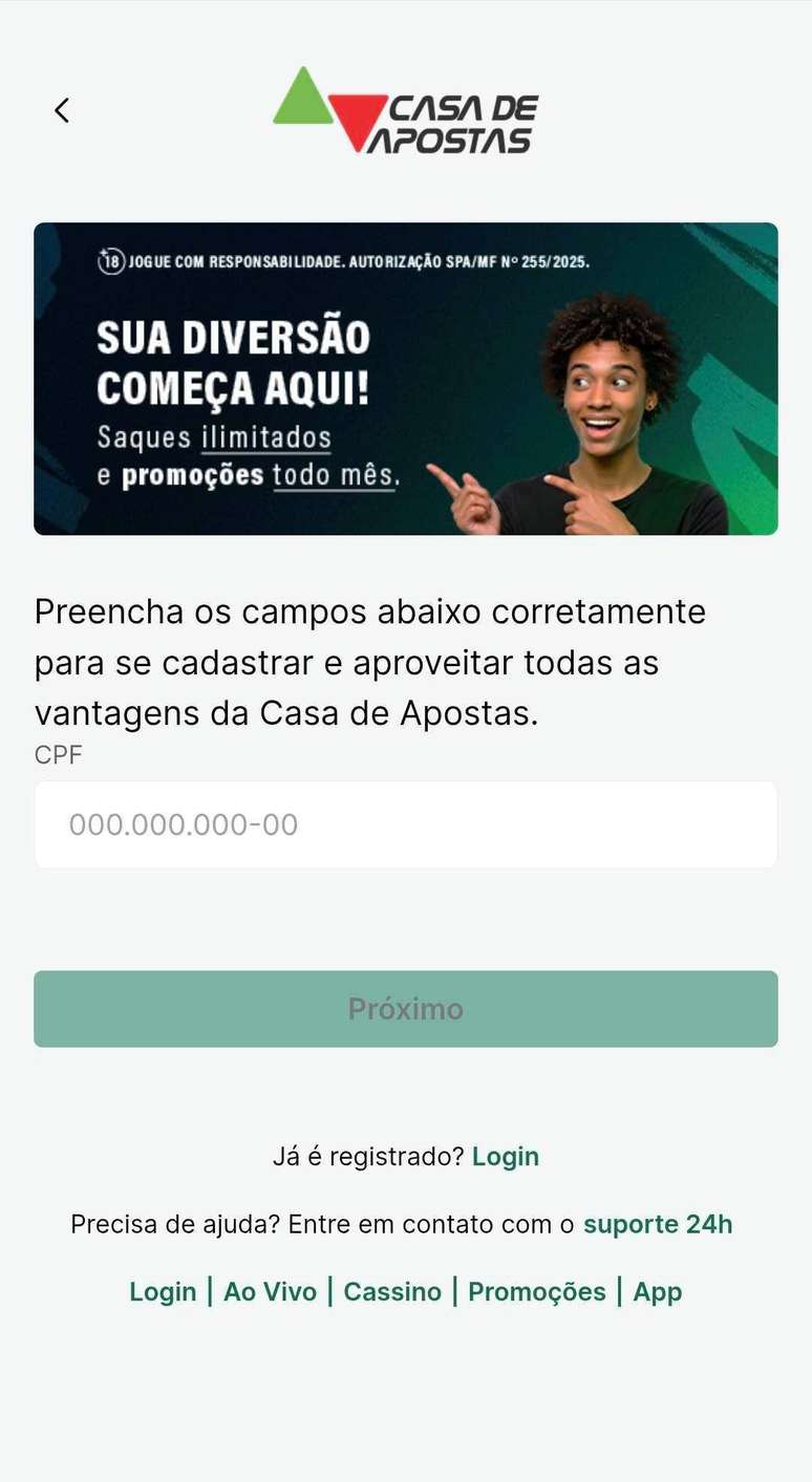 Casa de Apostas: cadastro envolve poucas etapas