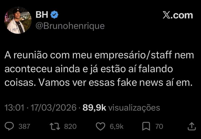 Bruno Henrique desabafa nas redes sociais &ndash;