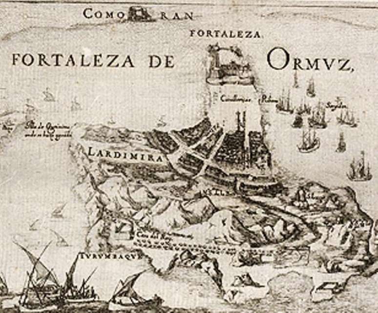 Fortaleza de Ormuz em mapa portugu&ecirc;s do s&eacute;culo 17, de autoria desconhecida
