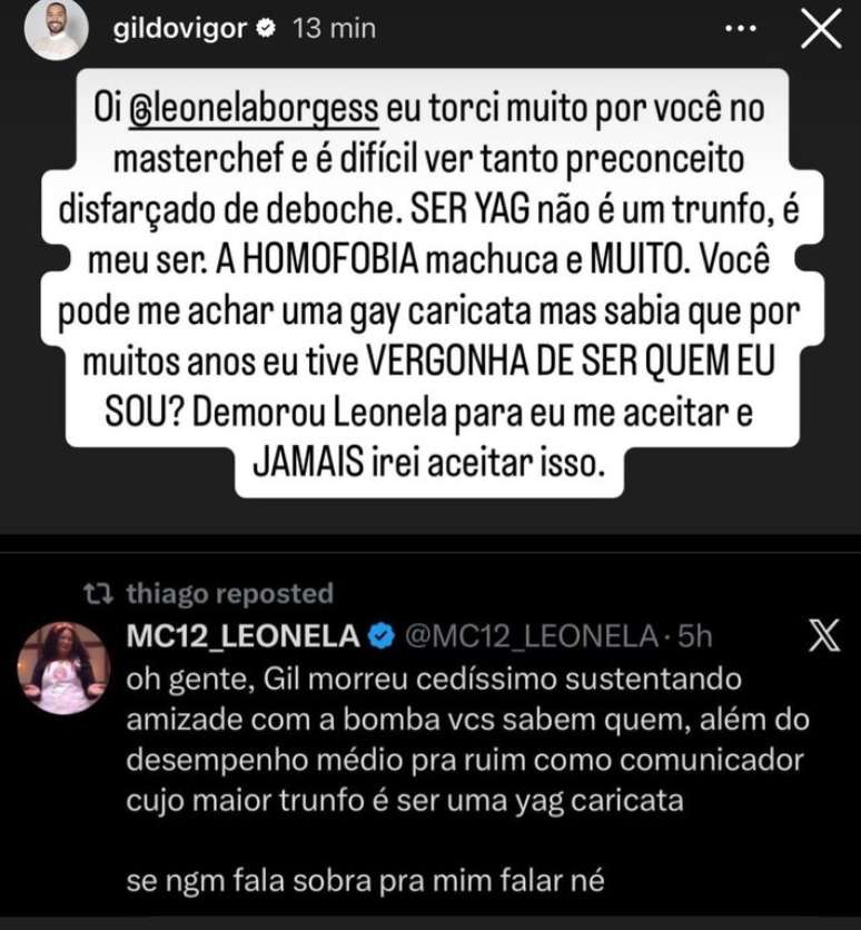 Ex- BBB Gil do Vigor e Ex-MasterChef Leonela Borges trocam farpas nas redes sociais
