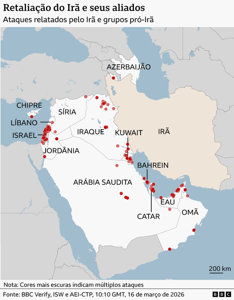 Gr&aacute;fico da BBC mostra os ataques relatados na Pen&iacute;nsula Ar&aacute;bica pelo Ir&atilde; e por grupos pr&oacute;-Ir&atilde;. Os pa&iacute;ses vizinhos aparecem em cinza.