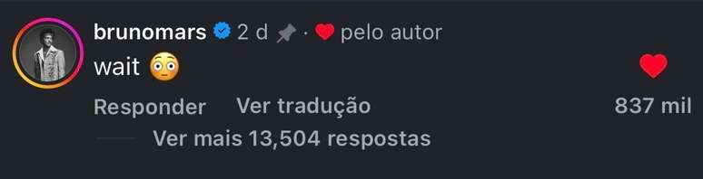 De forma bem-humorada, Bruno escreveu apenas: &ldquo;Pera a&iacute;&rdquo;, acompanhado de um emoji de olhos arregalados.