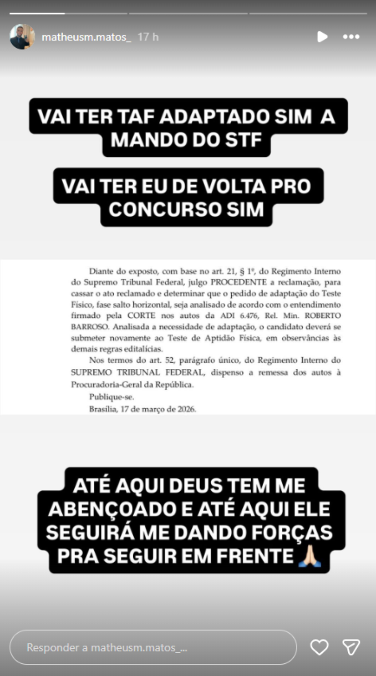 Matheus comemorou a decis&atilde;o do STF em postagem feita nas redes sociais