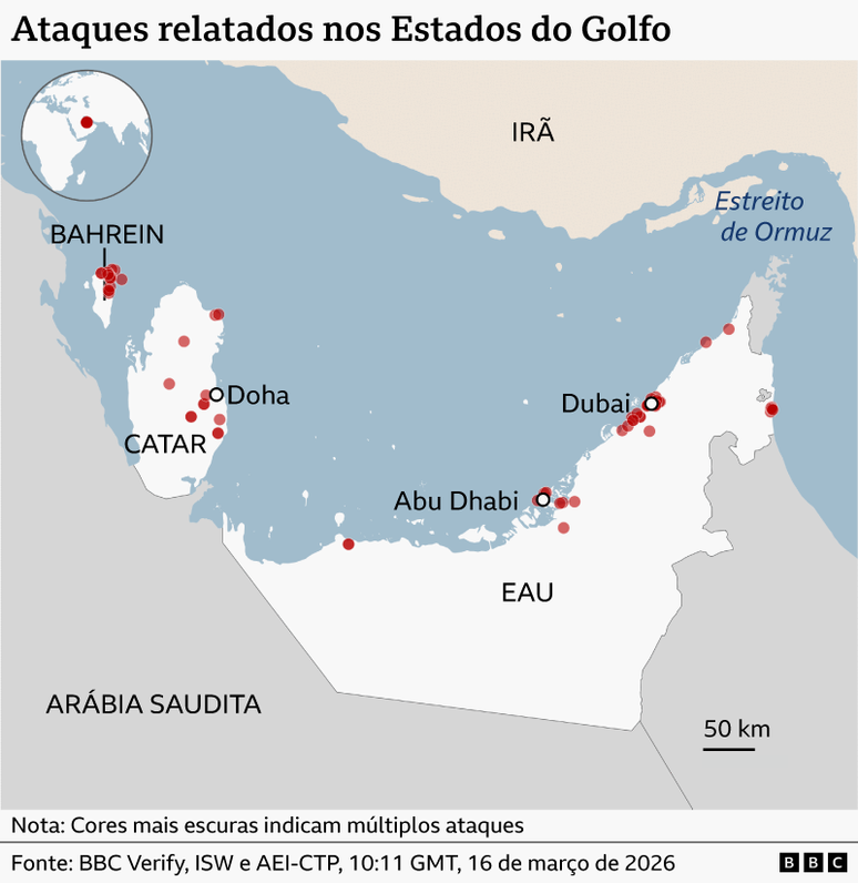 Mapa da BBC mostra os ataques registrados aos pa&iacute;ses do Golfo durante a guerra dos Estados Unidos e Israel contra o Ir&atilde;, atualizado em 16 de mar&ccedil;o de 2026