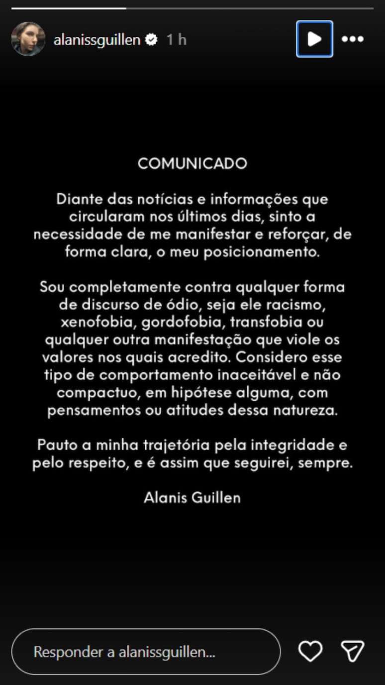 A atriz Alanis Guillen se posicionou contra o discurso de &oacute;dio ap&oacute;s ex-namorada ser acusada de falas preconceituosas em 2012