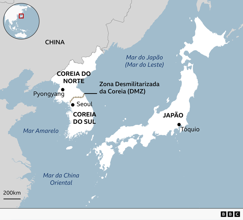 Um mapa mostrando China, Coreia do Norte, Coreia do Sul e Jap&atilde;o, com a localiza&ccedil;&atilde;o das capitais Pyongyang, Seul e T&oacute;quio