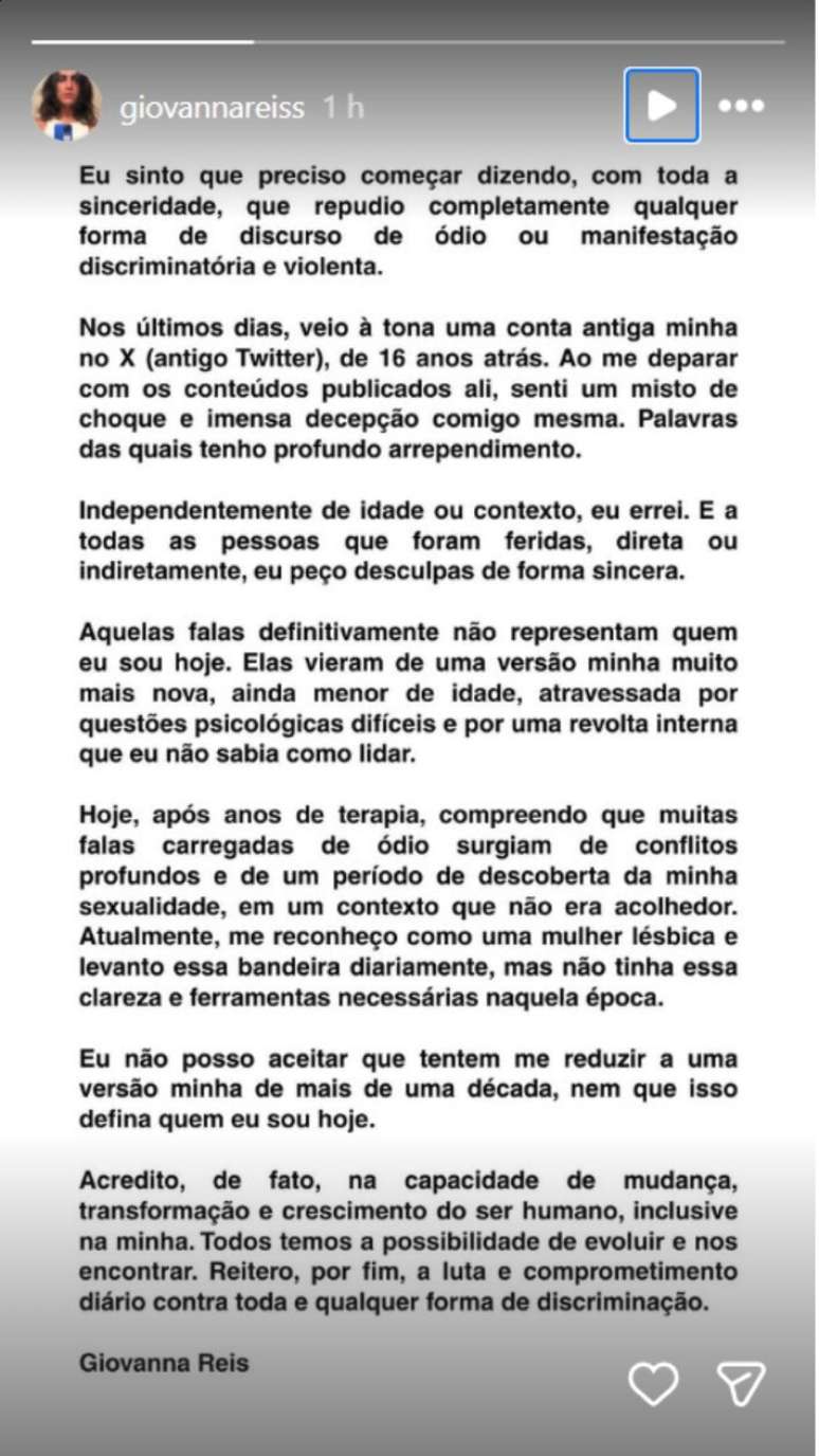 A produtora Giovanna Reis se manifesta ap&oacute;s ter falas preconceituosas vazadas nas redes sociais