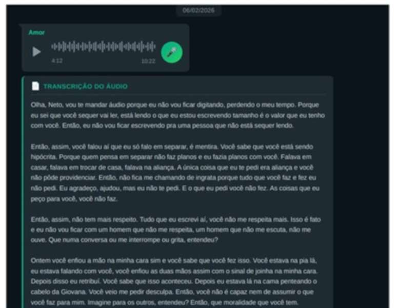 Trecho da conversa em que Gisele afirma que o Geraldo coloca as duas m&atilde;os na sua cara. Gesto que foi interpretado pela Pol&iacute;cia Civil que foi uma agress&atilde;o f&iacute;sica.