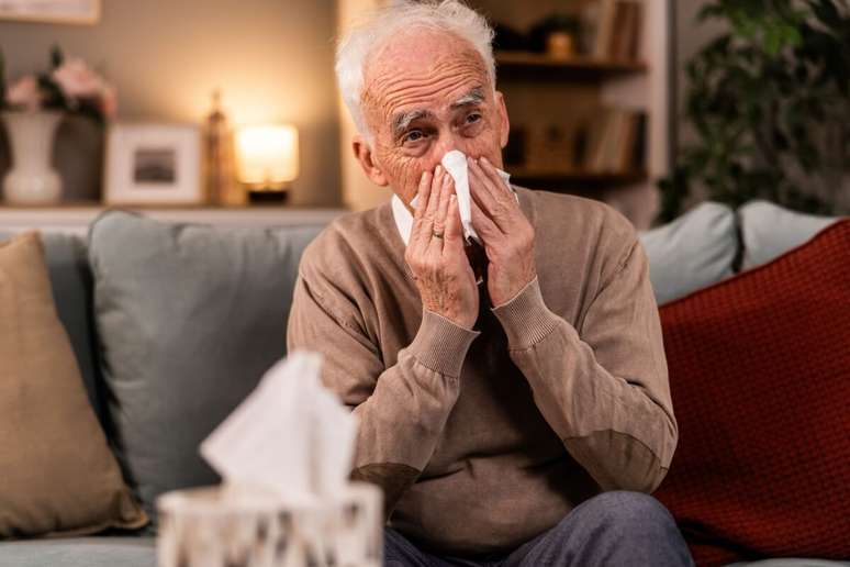 Tosse seca, coriza e espirros podem indicar infec&ccedil;&atilde;o em curso, exigindo atendimento m&eacute;dico para o idoso 