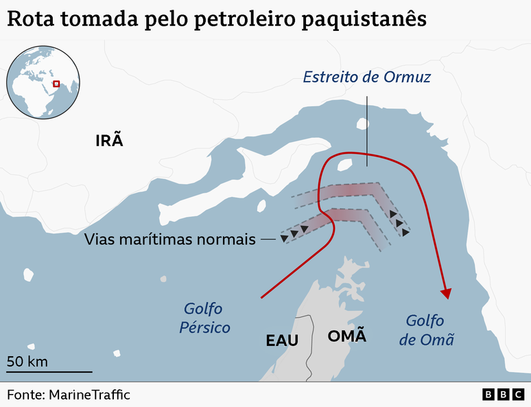 Mapa que mostra a rota seguida pelo petroleiro paquistan&ecirc;s atrav&eacute;s do Estreito de Ormuz.