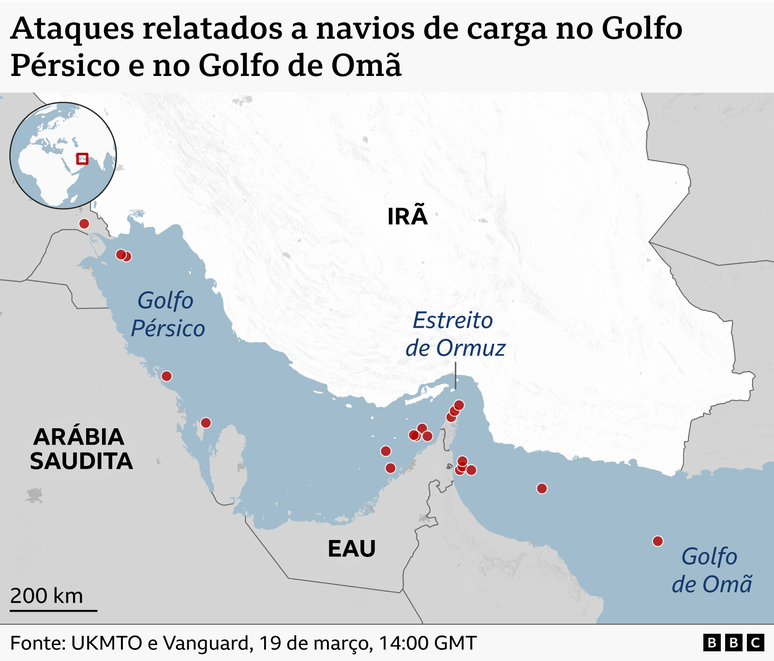 Mapa que demonstra os ataques relatados a navios de carga no Golfo P&eacute;rsico e no Golfo de Om&atilde;