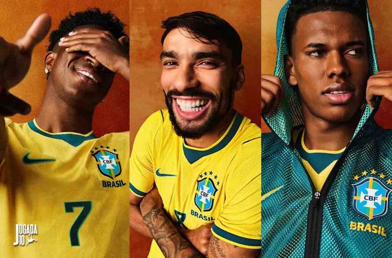 Vini Jr, Lucas Paquet&aacute; e Est&ecirc;v&atilde;o posam com novo modelo da Sele&ccedil;&atilde;o Brasileira &ndash; Fotos: Divulga&ccedil;&atilde;o/Nike/CBF