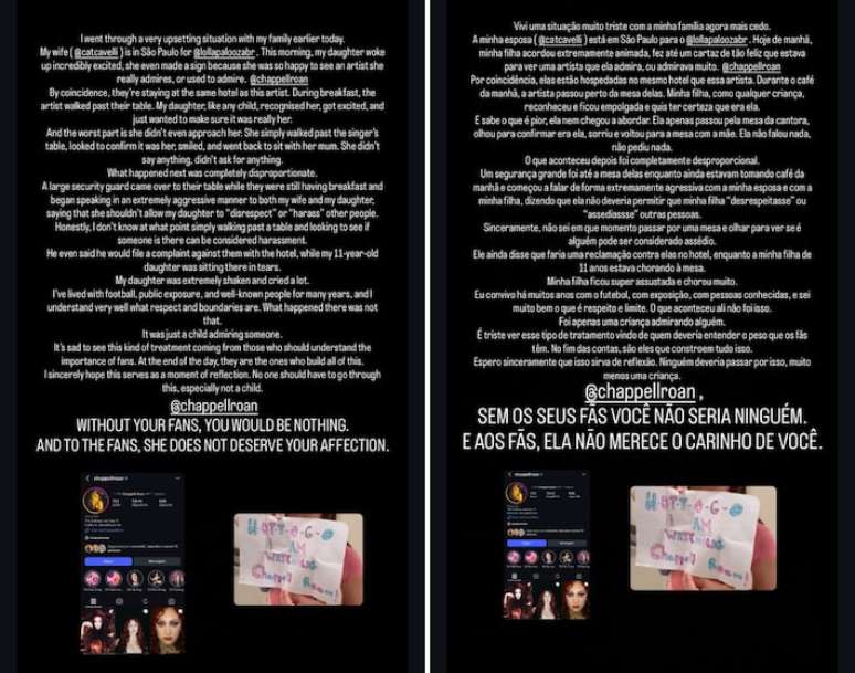 Postagem feita pelo jogador Jorginho a respeito da equipe de Chapell Roan em seu Instagram