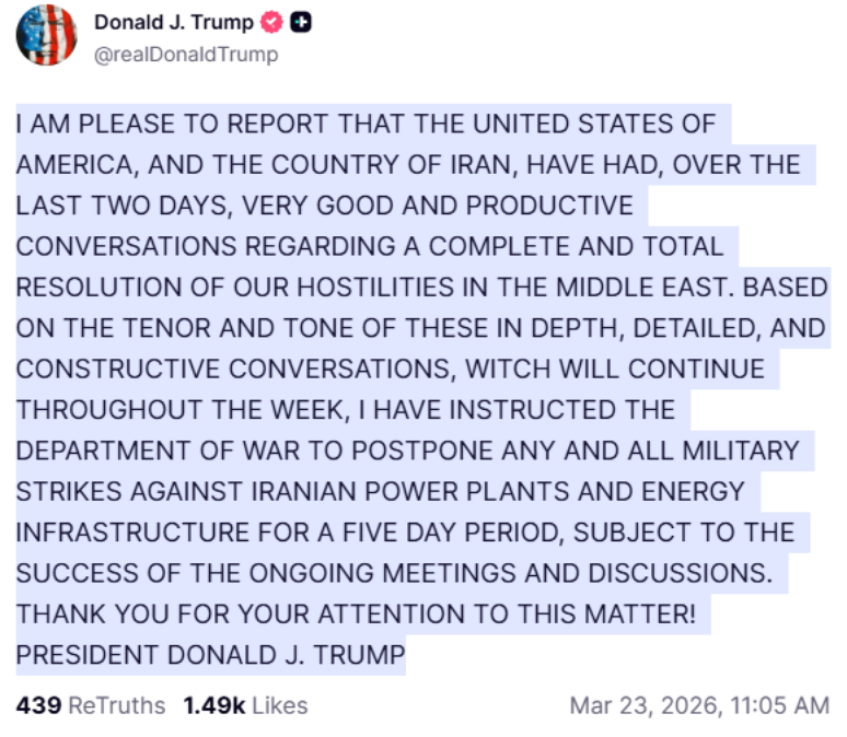 Mensagem de Trump no Truth Social