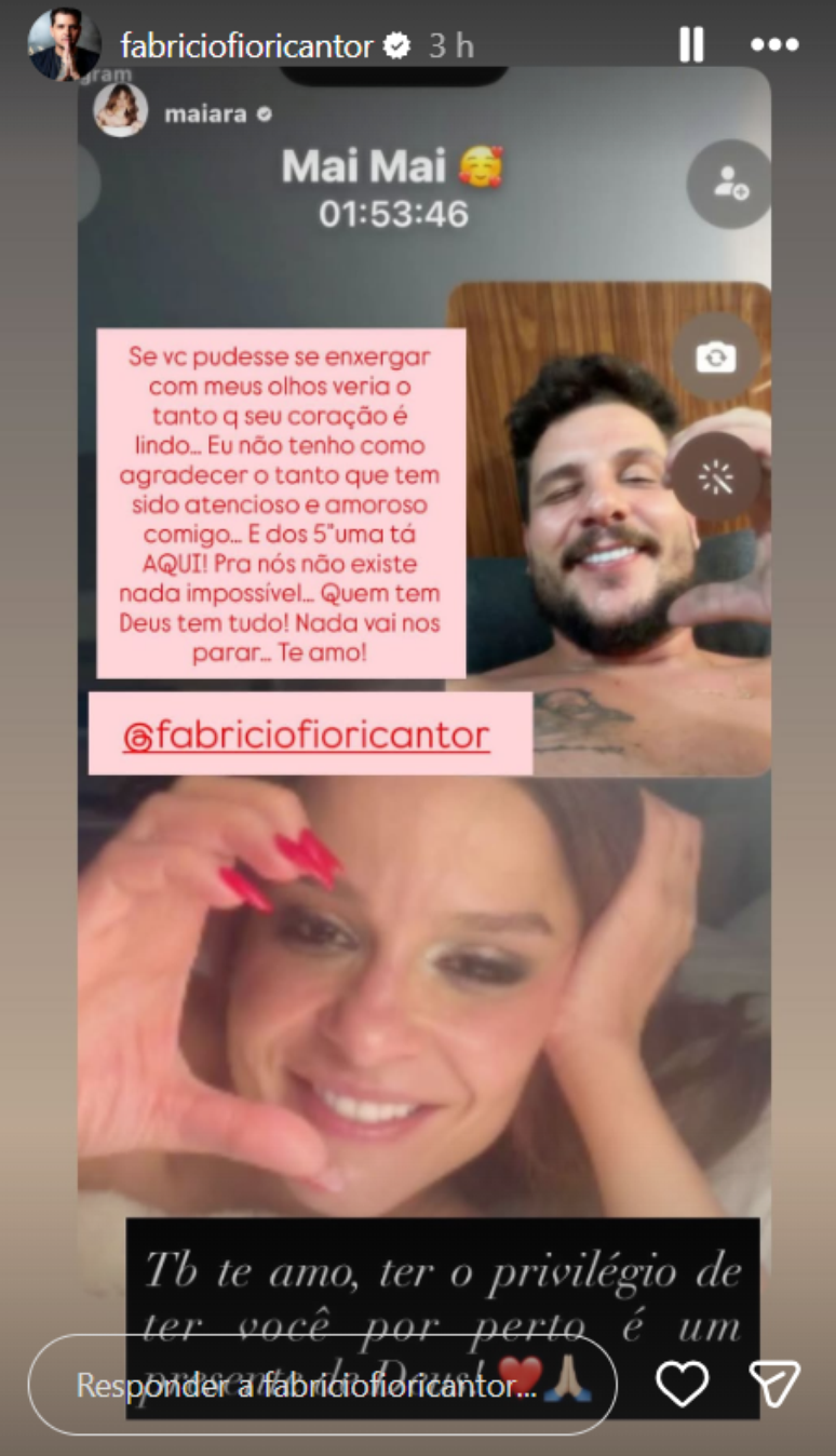 Fabricio repostou a publica&ccedil;&atilde;o e tamb&eacute;m deixou uma declara&ccedil;&atilde;o para Maiara
