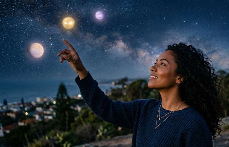 கருமையான சருமம், தளர்வான சுருள் முடி கொண்ட ஒரு இளம் பெண்ணின் யதார்த்தமான புகைப்படம், விண்மீன்கள் நிறைந்த இரவு வானத்தை உறுதியும் லேசான தன்மையும் வெளிப்படுத்துகிறது - அவள் ஒரு முக்கியமான படி எடுக்கப் போகிறாள். ஒரு கை மெதுவாக வானத்தை சுட்டிக்காட்டுகிறது. கோல்டன் மற்றும் இளஞ்சிவப்பு ஒளியுடன் பின்னணியில் தெரியும் கிரகங்கள். அடர் நீலம், தங்கம் மற்றும் மென்மையான ஊதா நிறத்தில் தட்டு. இயற்கையான இரவு விளக்குகளுடன் கூடிய புகைப்படத் தலையங்க பாணி.