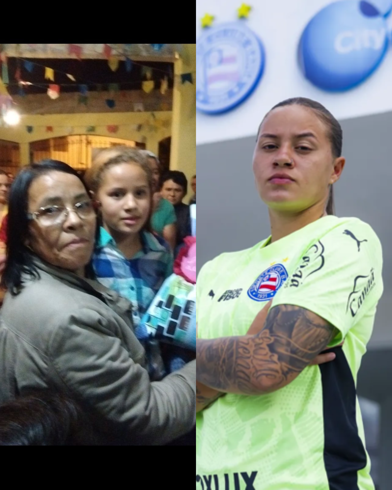 J&uacute;lia Kerolyn ainda pequena ao lado da Dona S&ocirc;nia/ J&uacute;lia Kerolyn, j&aacute; adulta, atleta profissional do E.C.Bahia