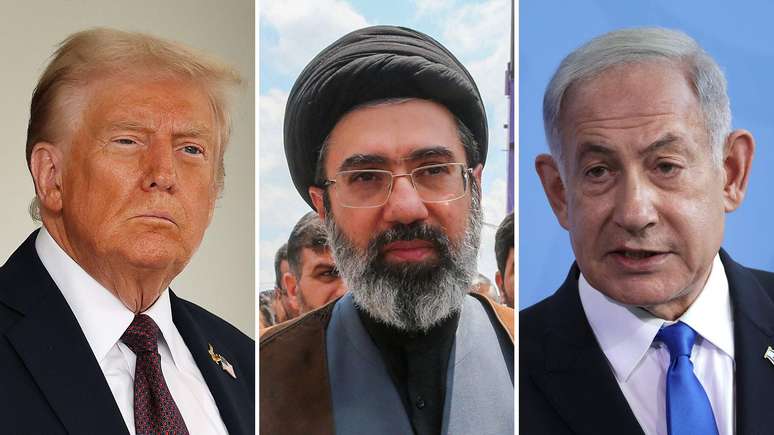 Da esq. para a dir., o presidente dos Estados Unidos, Donald Trump, o l&iacute;der iraniano Mojtaba Khamenei e o primeiro-ministro israelense, Benjamin Netanyahu