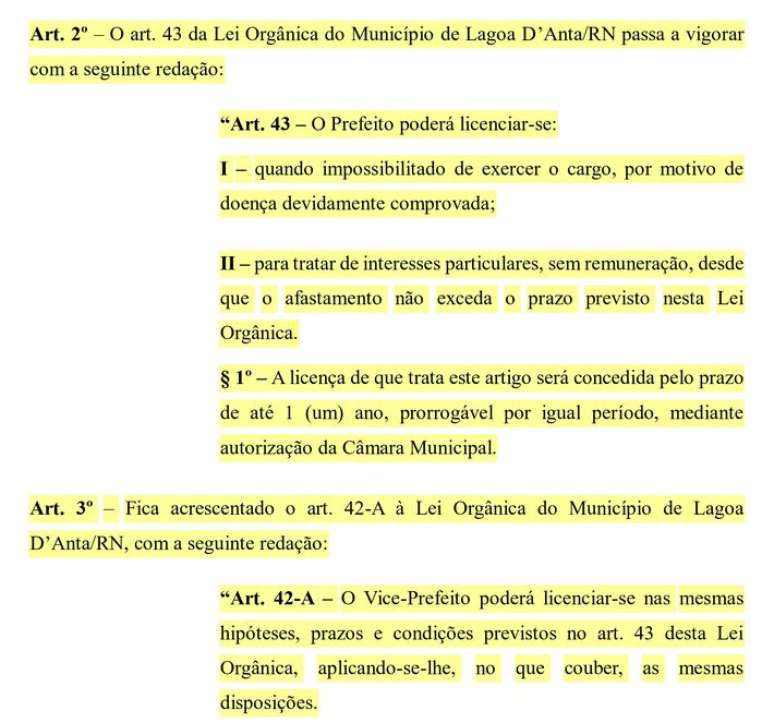 Proposta de Emenda &agrave; Lei Org&acirc;nica de Lagoa d'Anta que autoriza o vice a pedir licen&ccedil;a de at&eacute; dois anos