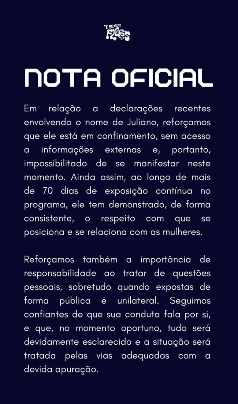Equipe de Juliano Floss se pronuncia ap&oacute;s acusa&ccedil;&otilde;es da ex-namorada