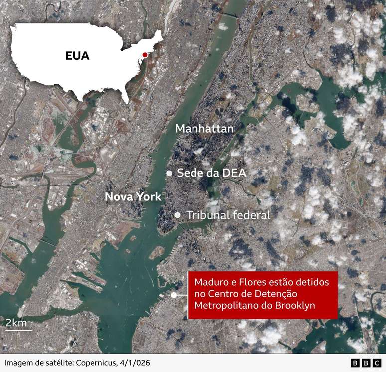 Imagem de sat&eacute;lite mostrando a localiza&ccedil;&atilde;o do tribunal e do centro de deten&ccedil;&atilde;o onde est&atilde;o presos Nicol&aacute;s Maduro e Cilia Flores, em Nova York (Estados Unidos)