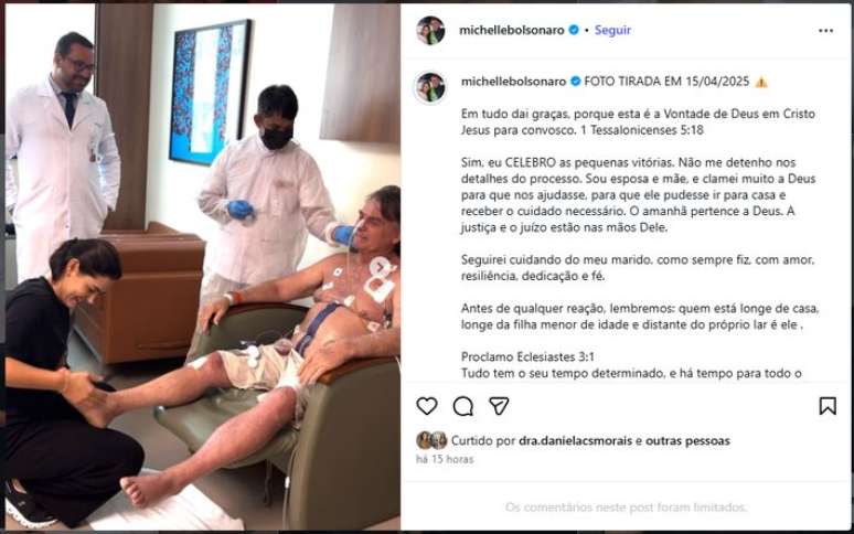 Michelle Bolsonaro comemora a pris&atilde;o domiciliar do marido em seu perfil no Instagam