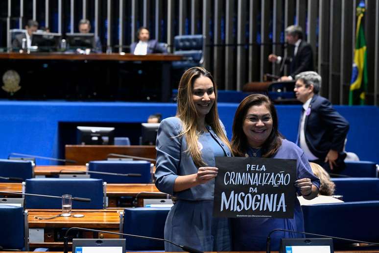 Autora do PL 896/2023, senadora Ana Paula Lobato (PSB-MA) posa para foto com cartaz que diz: "Pela criminaliza&ccedil;&atilde;o da misoginia"