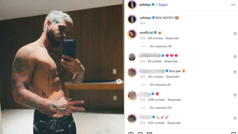 Zoo deixou coment&aacute;rio apaixonado em foto de Z&eacute; Felipe