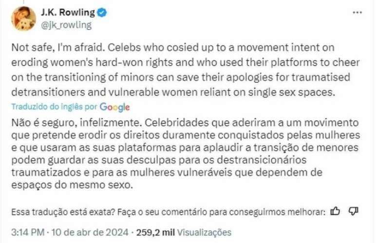J. K Rowling, autora de 'Harry Potter', condena atores que defendem pessoas trans