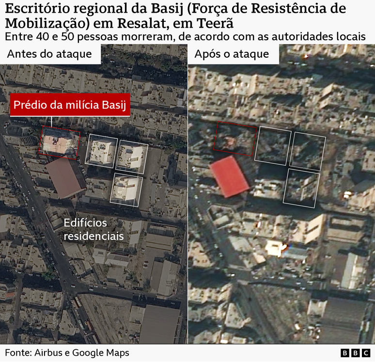 Imagens de sat&eacute;lite de antes e depois mostram a destrui&ccedil;&atilde;o de uma delegacia de pol&iacute;cia na pra&ccedil;a Niloufar e um raio de 70 metros ao redor, onde outros edif&iacute;cios foram danificados pela explos&atilde;o.