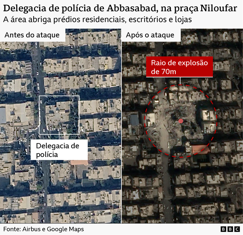 Imagens de sat&eacute;lite de antes e depois mostram a destrui&ccedil;&atilde;o de um pr&eacute;dio da Basij e tr&ecirc;s edif&iacute;cios residenciais. Os pr&eacute;dios s&atilde;o vis&iacute;veis na imagem &agrave; esquerda e foram reduzidos a escombros na imagem &agrave; direita.