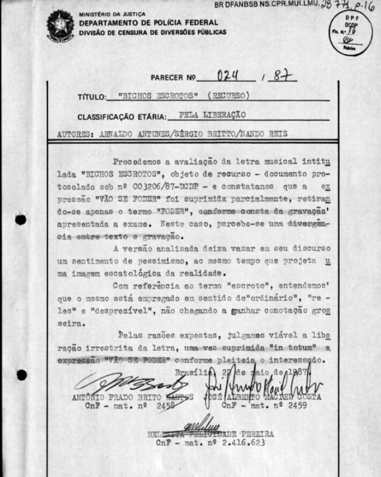Documento do SIAN que mostra o parecer dos censores sobre a m&uacute;sica 'Bichos Escrotos'