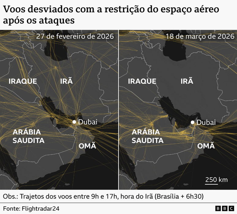 Mapa mostrando os desvios dos voos com as restri&ccedil;&otilde;es impostas ao espa&ccedil;o a&eacute;reo ap&oacute;s os ataques ao Ir&atilde;