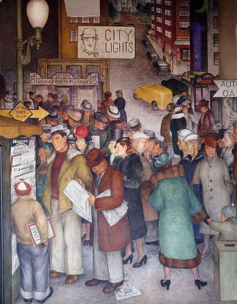 Quadro Detalhe da Vida Urbana, do pintor Victor Arnautoff (1896-1979), mostra uma esquina de North Beach em 1934, quando S&atilde;o Francisco j&aacute; estava reconstru&iacute;da
