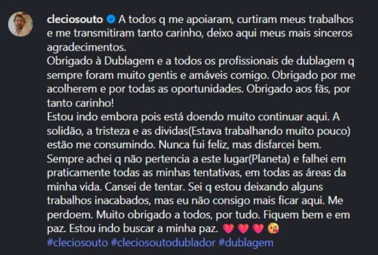 Cl&eacute;cio Souto publicou uma carta de despedida nas redes sociais e preocupou f&atilde;s e amigos