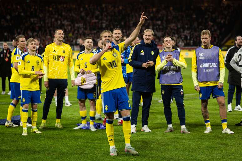SOLNA, SWEDEN &ndash; MARCH 31: Benjamin Nygren of Sweden celebrates after the FIFA World Cup 2026 European Qualifiers KO play-offs match between Sweden and Poland at Strawberry Arena on March 31, 2026 in Solna, Sweden. (Photo by Michael Campanella/Getty Images)