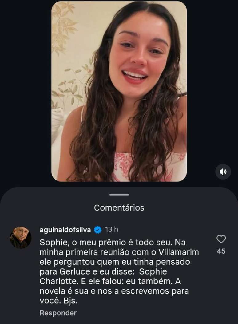 Aguinaldo Silva elogia Sophie Charlotte ap&oacute;s premia&ccedil;&atilde;o e destaca import&acirc;ncia da atriz em 'Tr&ecirc;s Gra&ccedil;as'