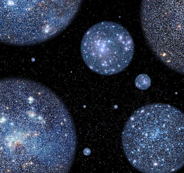 Ilustra&ccedil;&atilde;o de esferas azuis brilhantes contra um fundo preto